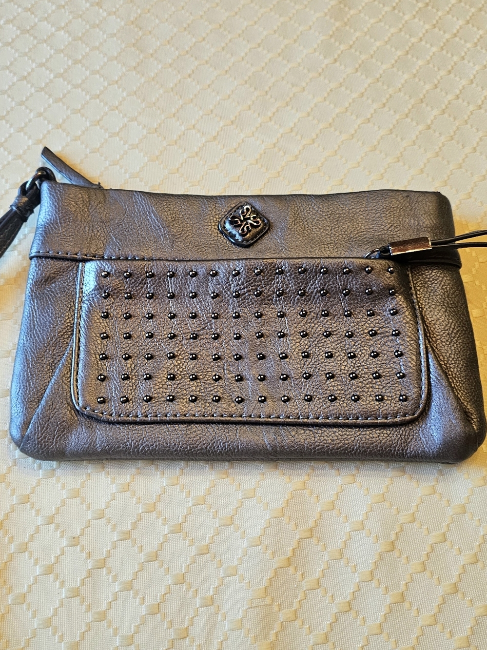 Metallic Gray Studded Wristlet Clutch with Detachable Strap